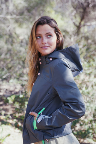 Model wearing the waterproof Brighter Days Jacket, side view